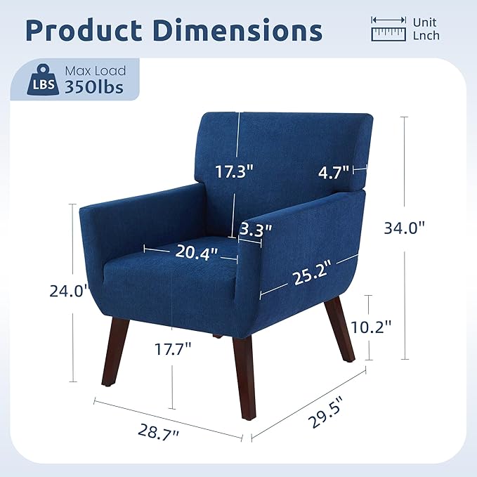 Upholstered Accent Chair,Mid Century Modern Office Fabric Small Living Room Chair with Arm,Comfy Wingback Armchair for Bedroom Reading (Blue, 2 PC)