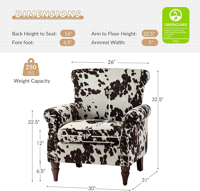 HULALA HOME Modern Wingback Accent Chair with Removable Cushion & Wood Legs, Comfy Upholstered Armchair with Nailhead Trim, Floral Pattern Single Sofa Chair for Bedroom Living Room, Cowhide
