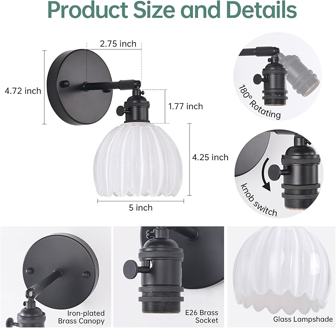 Vintage Wall Sconce with Cute White Tulip Glass Lampshade 180 Degree Adjustable Black Sconce Hradwired Modern Wall Lighting Fixture with Switch for Bedside Bedroom Doorway