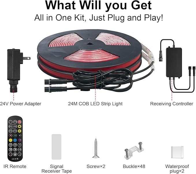 Outdoor LED Strip Lights RGB Smart IC IP67 COB LED Strip Light 80FT/24M Waterproof Led Strip Lights App & Remote Control RGB+IC Outdoor Lights × 2 Rolls for Patio, Eave, Patio Decorations