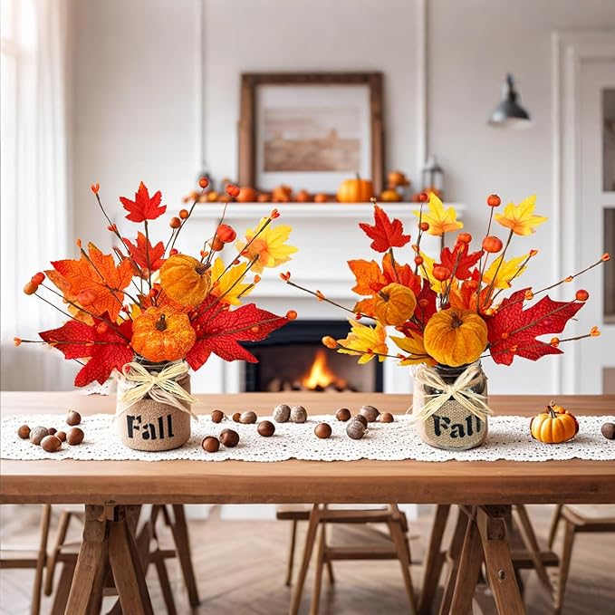 2 Pack & Timer Fall Decor 13.5 Inch Fall Centerpieces for Tables with 20 Lights, Thanksgiving Decorations Mason Jar with Maples Leaves Pumpkins Berried Fall Decorations for Table Coffee Table Kitchen