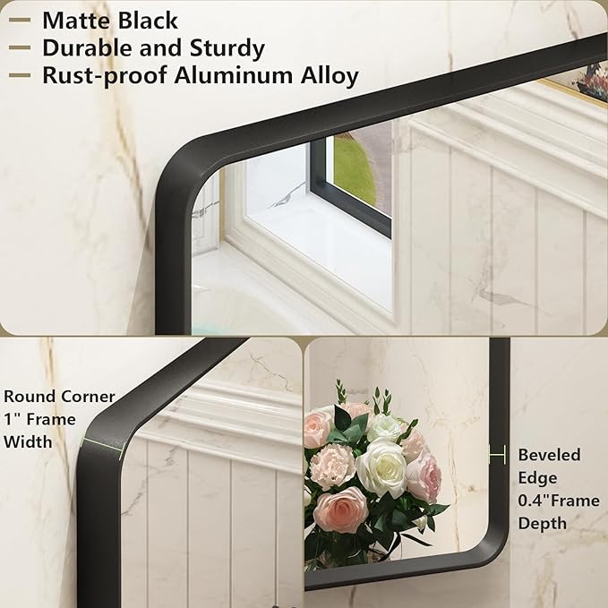 OKPAL 24x28 Black Bathroom Mirror for Wall, Black Metal Framed Bathroom Vanity Mirror, Modern Rounded Rectangle Mirror, Anti-Rust (Horizontal/Vertical)
