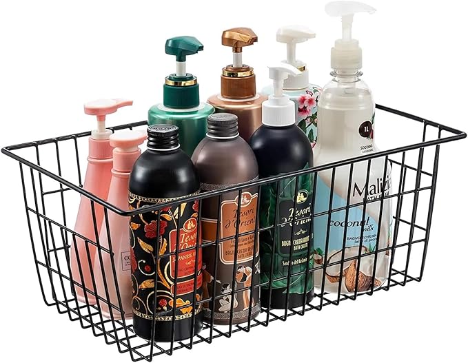 Redrubbit Wire Storage Baskets, Large Farmhouse Metal Freezer Basket Storage Organizer Bins with Handles for Kitchen Cabinets, Pantry, Closets, Bedrooms, Bathrooms, Set of 6, Black