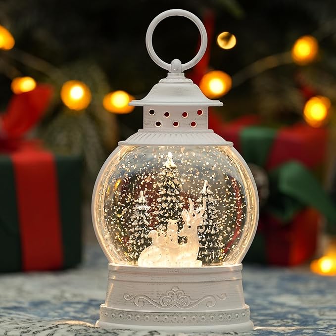 Christmas Deer Snow Globe, Musical Snow Globe Lantern with Swirling Glitter, Christmas Tree Reindeer Squirrels Owls USB & Battery Operated Light-Up Christmas Decorations Indoor for Home