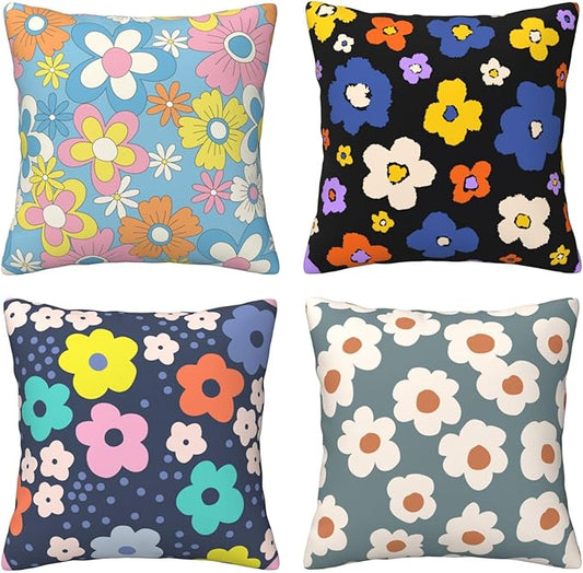 Boho Hippie Floral Pillow Covers 18 x 18 Inch Retro Groovy Throw Pillow Cover Set of 4 Colorful Boho Daisy Flowers Cushion Cover for Holiday Home Couch Sofa Decoration