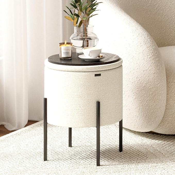 STORAGEBUD Round Ottoman with Storage, Boucle Storage Foot Stool, Makeup Vanity Stool, Small Ottoman Foot Rest, Modern Ottomans for Living Room and Bedroom, White