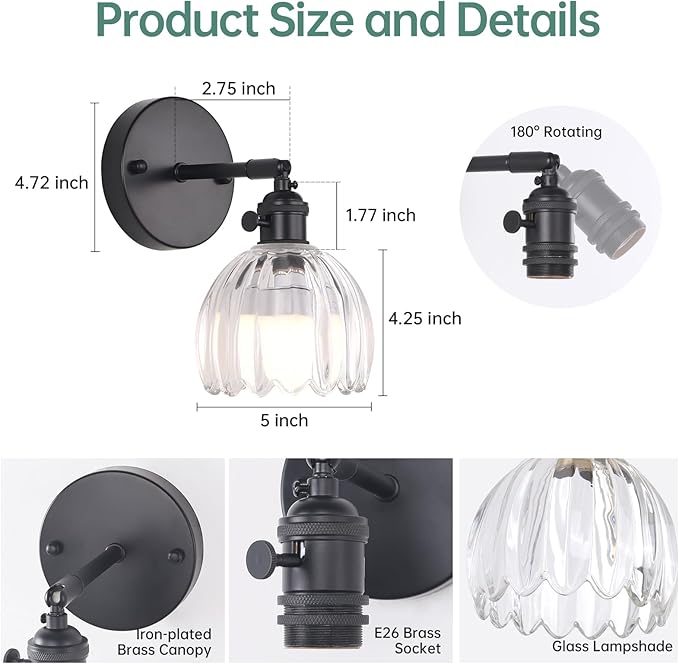 Vintage Battery Operated Wall Sconce with Cute Transparent Tulip Glass Lampshade Wireless Rechargeable Battery Powered Black Wall Light with Remote Control for Bedside Bedroom Doorway