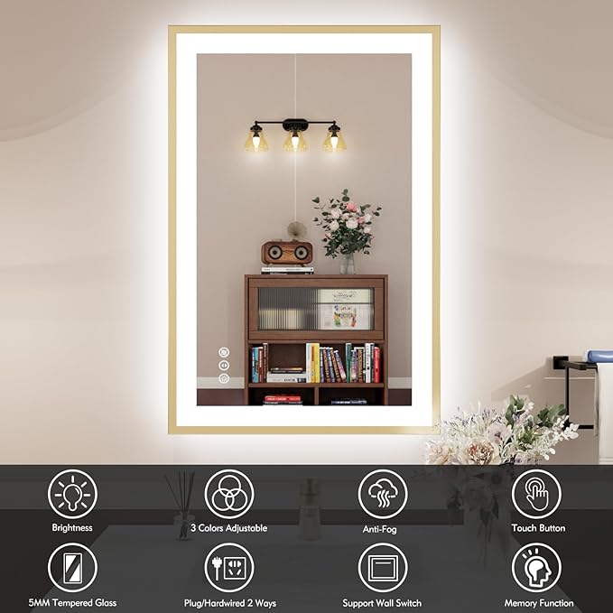 24x36 LED Bathroom Mirror Gold Frame, Front Light and Backlit Anti-Fog Dimmable Memory Lighted Vanity Mirror, Shatterproof Wall-Mounted Led Mirror for Bathroom(Horizontal/Vertical)