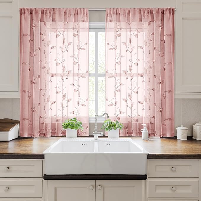 HOMEIDEAS Blush Pink Sheer Kitchen Curtains 52 x 54 Inch Length 2 Panels Embroidered Leaf Pattern Short Curtains for Bedroom Half Small Bathroom Window Rod Pocket Tiers
