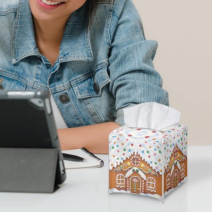 Christmas Tissue Box Square Cover Holder & Dispenser Modern Decorative PU Leather Tissue Box Holder Aesthetic Facial Paper Organizer Dispenser for Bedroom/Bathroom/Kitchen