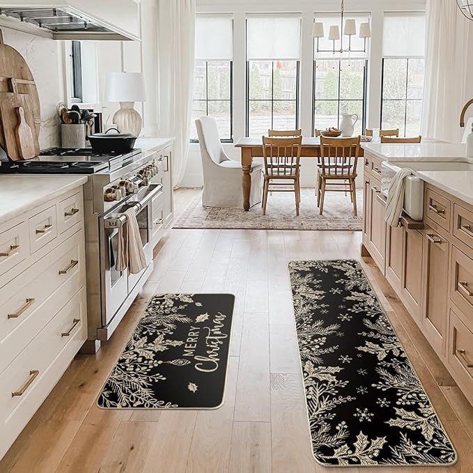 Artoid Mode Black Holly Pine Branches Merry Christmas Kitchen Mats Set of 2, Winter Decor Low-Profile Kitchen Rugs for Floor - 17x29 and 17x59 Inch