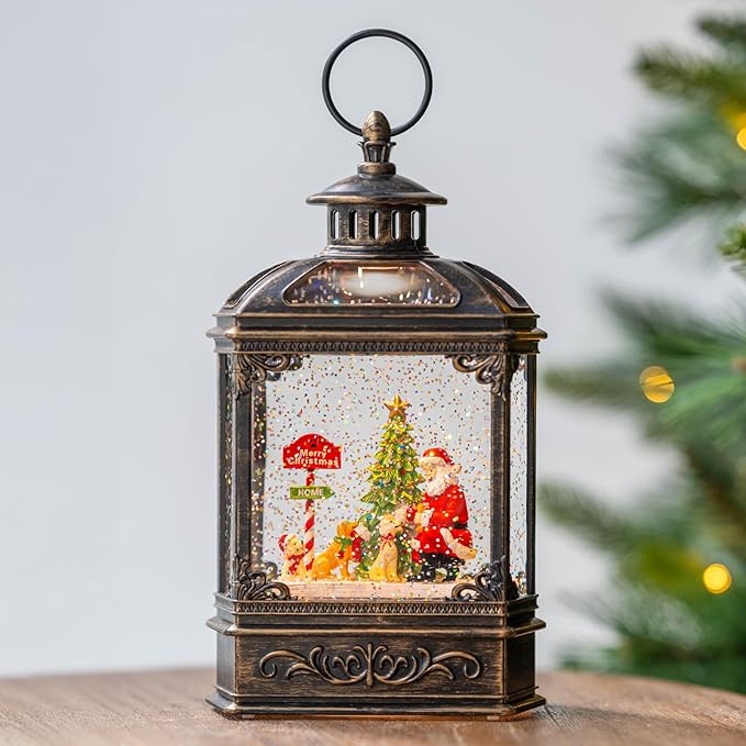 Snow Globe Lighted Christmas Decorations, Santa Claus & Pups Musical Water Lantern with Swirling Glitter, Christmas Holiday Party Gifts and Decorations