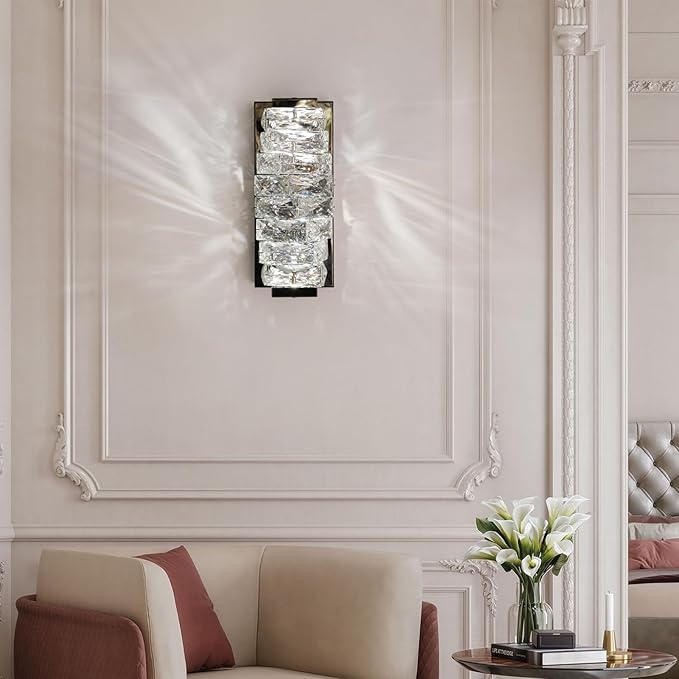 HuisMier Modern Crystal Wall Sconce, Black Dimmable LED Wall Light Fixtures with 3 Color Temperature, Luxury Black Bathroom Wall Sconce for Bedroom Living Room Mirror Stairway Hallway