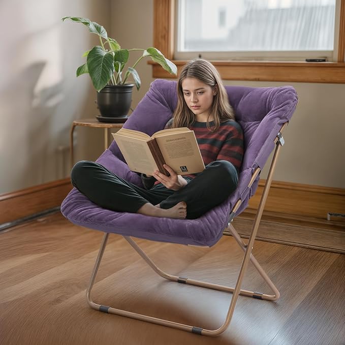 Athena Collection Saucer Chair for Adult, Square Comfy Cozy Chair Folding Chair Faux Fur Metal Frame Foldable Reading Chair Accent Chair for Bed Room Living Room Set of 2, Purple
