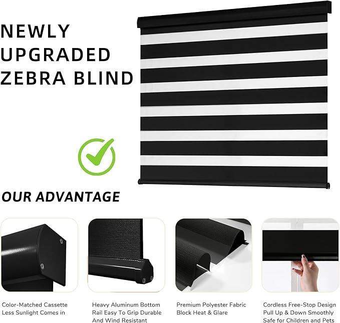 ChrisDowa Cordless Zebra Blinds for Windows, Dual Layer Free-Stop Light Filtering Window Roller Shades, Pull Down Privacy Zebra Shades for Home, Office, Bedroom, Door (54" W x 72" H, Black)