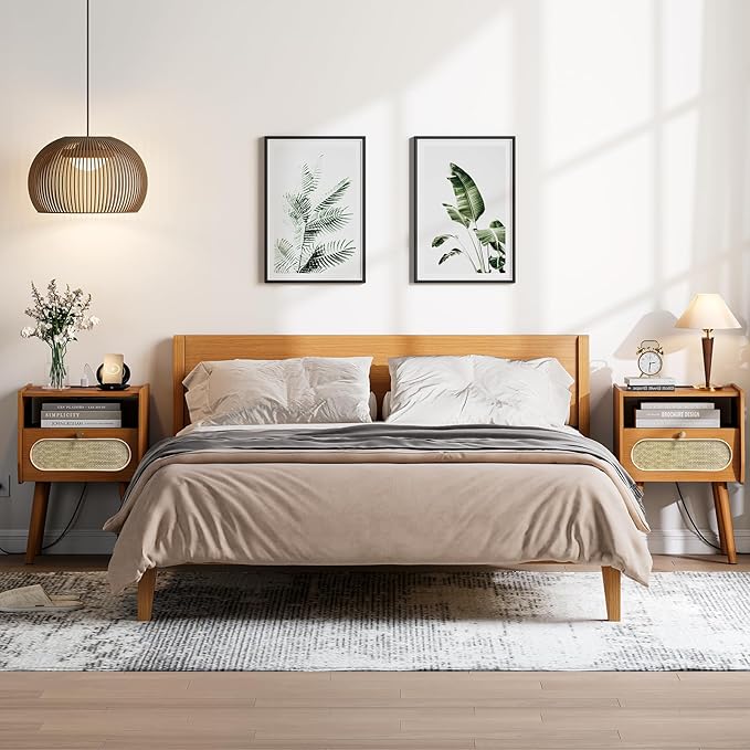 Night Stand Set 2, Mid Century Modern Nightstands, Wooden Bedside Table with Charging Station & Rattan Drawer, Boho End Table with Storage, Solid Wood Legs Side Tables for Bedroom, Cherry