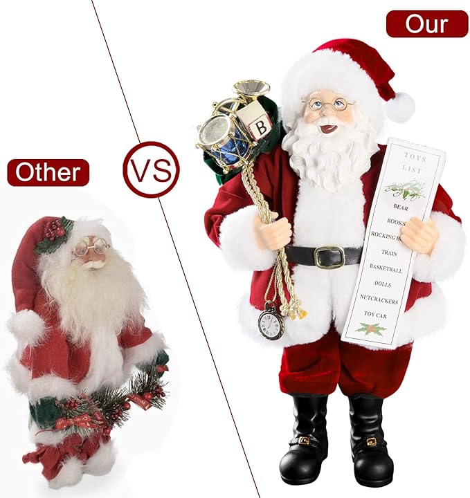 Uten 11" Santa Claus Decorations with Glasses Blessing Letter and Gifts Bag, Christmas Standing Figurine Ornaments for New Year Christmas Decoration Navidad Natal Gifts.