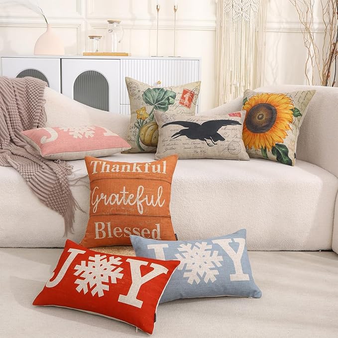 TRENDIN Thankful Grateful Blessed Pillow Cover 18X18 for Couch Fall Decorations Square Linen Cushion Case Sofa Home Thanksgiving Decor Vintage Orange PL1074TR