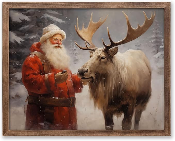 Santa's Reindeer Print, Vintage Christmas Wall Art, Christmas Painting Decor Christmas Art, Santa Claus and Reindeer Xmas Home Decor Trendy Poster Rustic Nordic Decor Winter