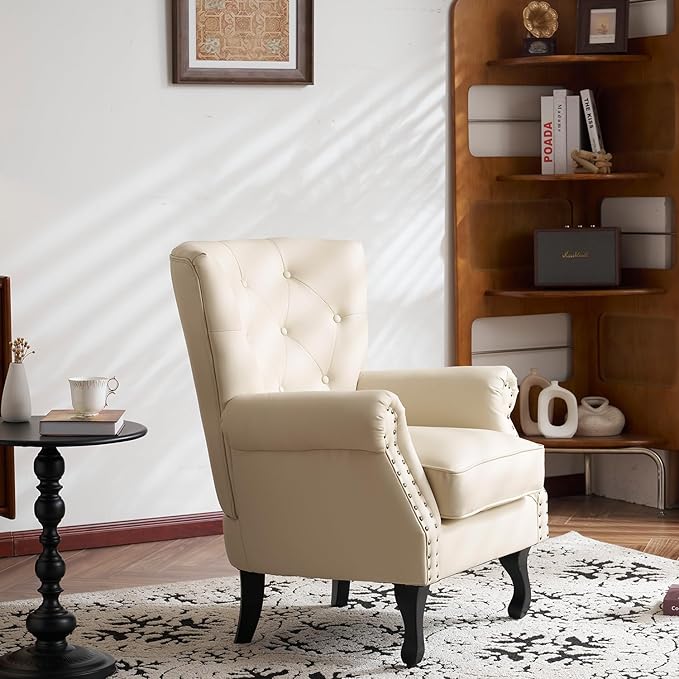 Modern Faux Leather Accent Chair, Upholstered Mid-Century Armchair with Solid Wood Legs, Single Sofa Chair for Living Room, Bedroom, or Reading Room(Ivory White)