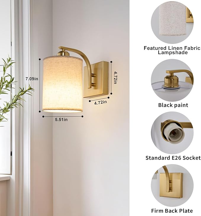Gold Rechargeable Battery Operated Wall Sconces Set of 2 with Remote, Wireless Dimmable Battery Powered LED Wall Lights, Cordless Wall Lighting Lamp Fixture for Bedroom Living Room