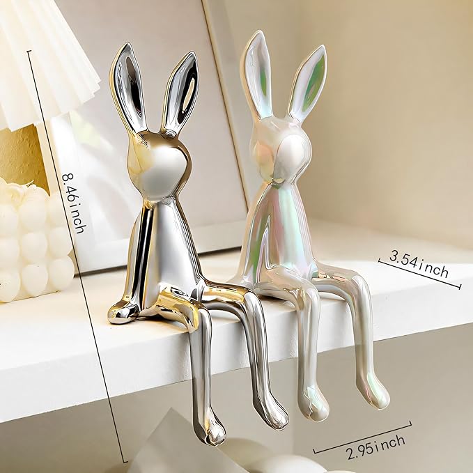 2-Piece Rabbit Decor Sculptures - Home, Office, Living Room, Bedroom - Accents, Decorations, Figurines - Small Statues for Bookshelf, Desk - Ideal Gifts (Silver, White)