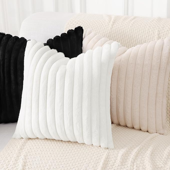 decorUhome Faux Fur Throw Pillow Covers 12x20 Set of 2, Decorative Soft Plush Striped Lumbar Neutral Couch Euro Pillow Covers with Velvet Back for Sofa, Bed, Living Room Home Decor, Black