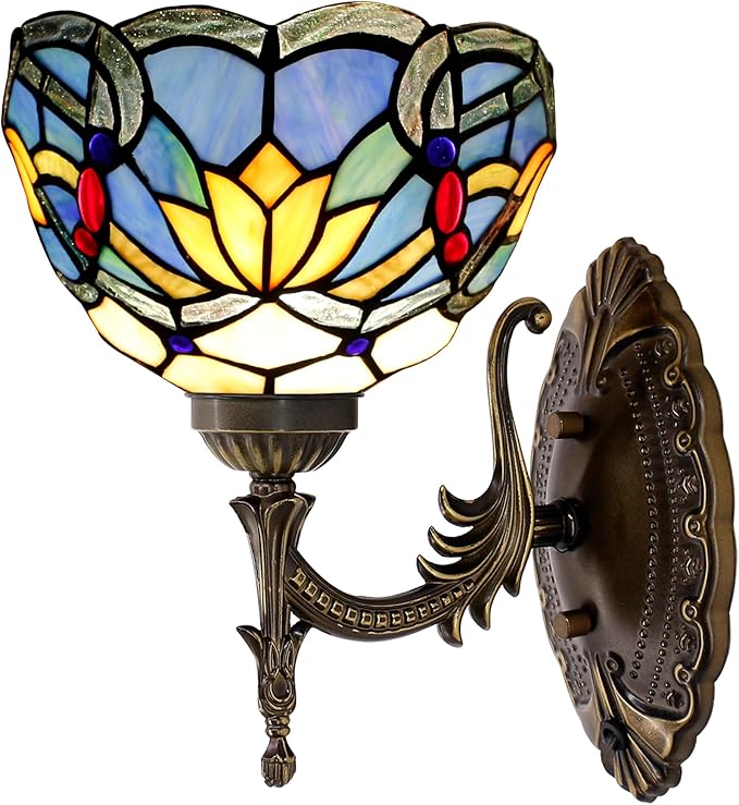Tiffany Wall Sconce Lamp Blue Stained Glass Flower Style 8X10.5X11 Inch Plug in Wall Bedside Light for Hallway Bedroom (Blue Lotus Style)