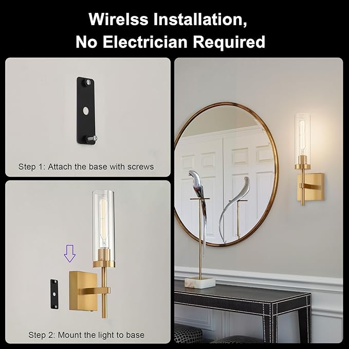 Gold Battery Operated Wall Sconce Set of 2, Wireless Wall Sconces with Remote Control, Rechargeable LED Dimmable Wall Light for Bedroom Bathroom Hallway Living Room Entryway Stairwell, 3000K