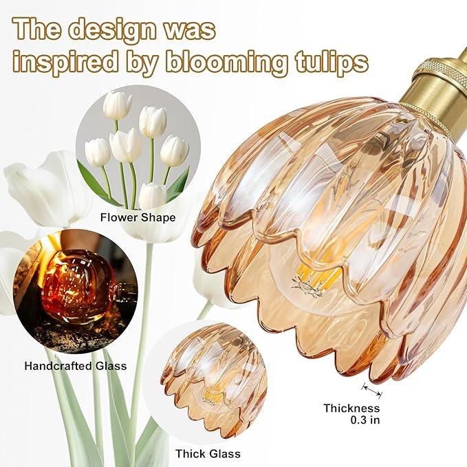 Vintage Bathroom Light Fixtures,3-Light Hardwired Vanity Lights Over Mirror,Gold Wall Sconces with Amber Tulip Glass Shade for Bathroom Living Room,E26 Socket(Bulbs Not Included)