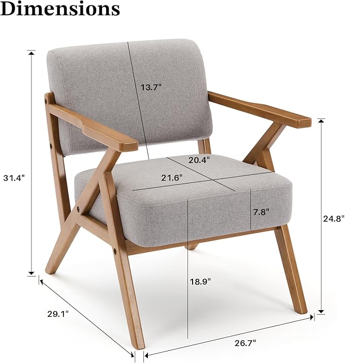Mid Century Modern Chair Grey Accent Chair Upholstered Armchair with Solid Wood Frame Comfy Reading Nook Chair Lounge Chairs for Living Room Bedroom, Linen