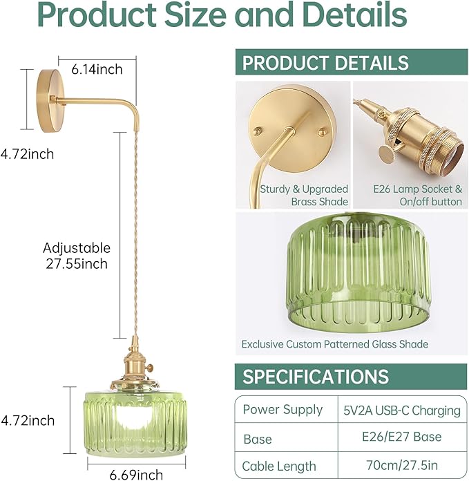 Battery Operated Wall Sconce with Green Striped Shade Pattern Glass Adjustable Chain Retro Gold Wall Mounted Light, Modern Wall Lamp Fixtures Decor for Bedside Bedroom Indoor Doorway