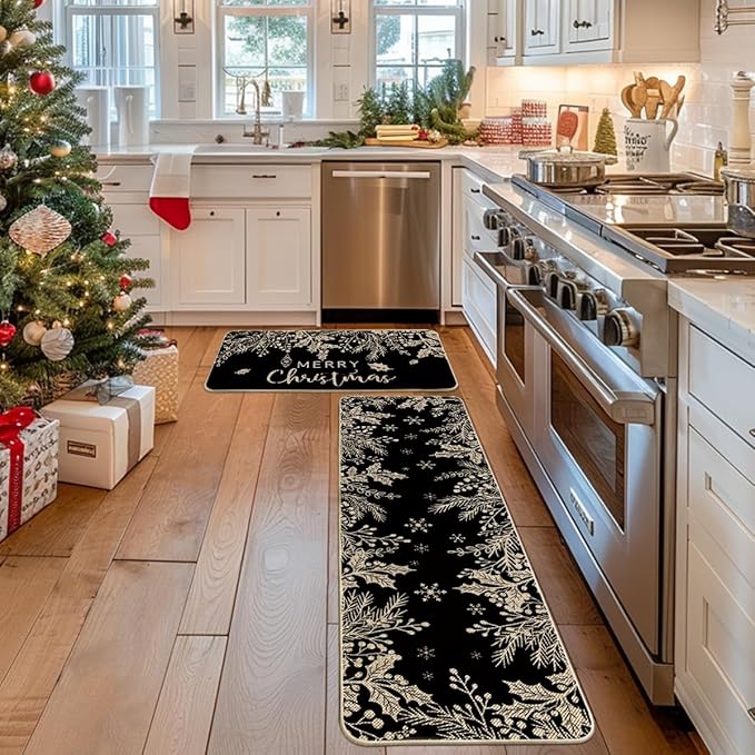 Artoid Mode Black Holly Pine Branches Merry Christmas Kitchen Mats Set of 2, Winter Decor Low-Profile Kitchen Rugs for Floor - 17x29 and 17x59 Inch