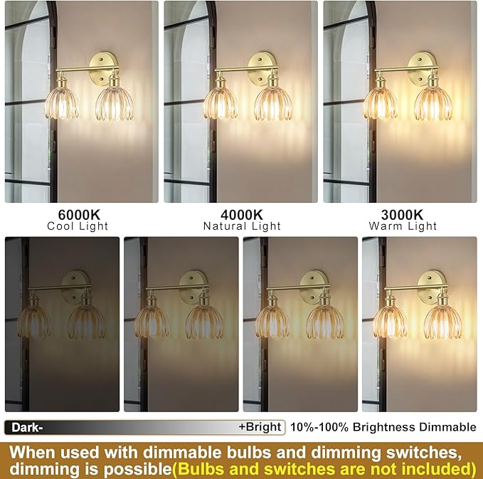 Vintage Bathroom Light Fixtures,2-Light Hardwired Vanity Lights Over Mirror,Gold Wall Sconces with Amber Tulip Glass Shade for Bathroom Living Room,E26 Socket(Bulbs Not Included)