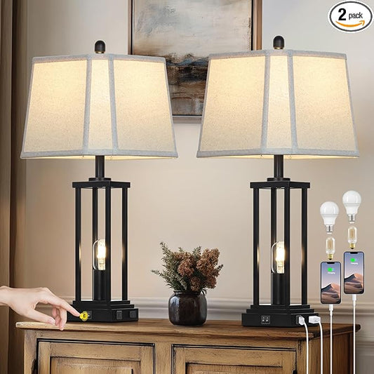 27" Tall Farmhouse Table Lamps with Bell Lampshade, Black Industrial Living Room Lamps Set of 2 with Night Light, Rustic Bedside Lamp with USB C+A Port & AC Outlet, Vintage Bedroom Lamp for Nightstand