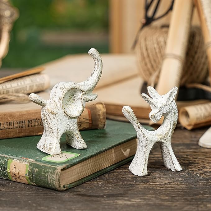 Sungmor Set of 2 Cast Iron Elephant & Unicorn Figurines - Rustic White Animal Sculptures for Shelf, Desk, or Entryway - Heavyweight Decorative Mini Cute Statues - Whimsical Vintage Home Décor