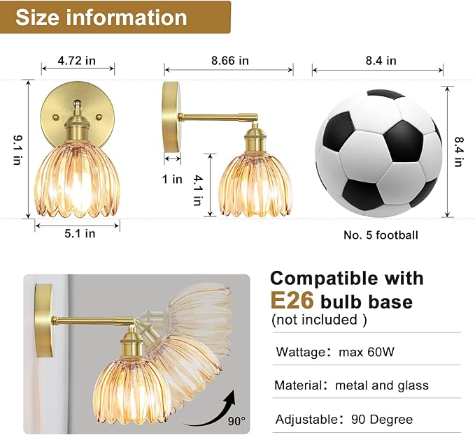 Vintage Wall Sconces Set of Two,Hardwired Wall Lights with Amber Tulip Glass Lampshade,Gold Wall Lamps for Bedroom Bedside Stairway Bathroom Living Room(Bulbs Not Included)