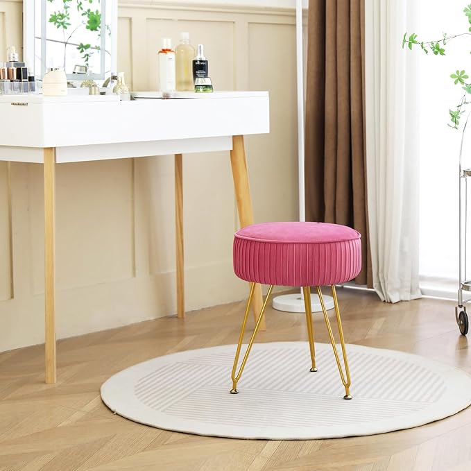 Velvet Vanity Stool Chair, Round Makeup Vanity Chair with Adjustable Metal Legs & Soft Padded Seat, Ottoman Foot Stool for Bedroom, Living Room, Entryway, Rose Red