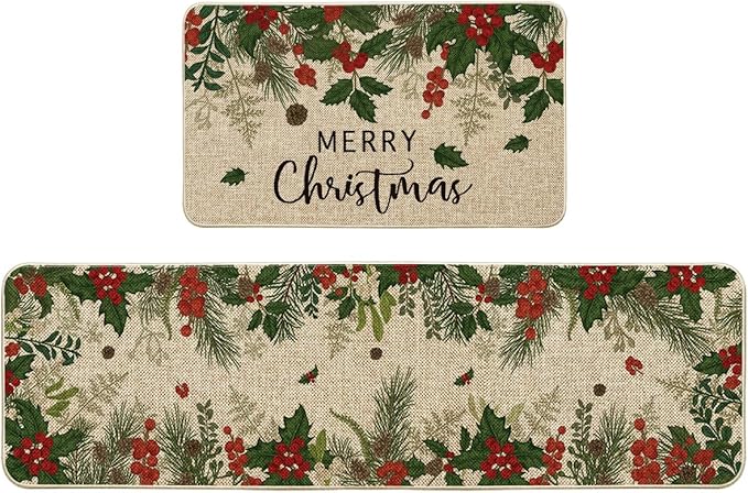 Artoid Mode Leaves Holly Merry Christmas Kitchen Mats Set of 2, Winter Home Decor Low-Profile Kitchen Rugs for Floor - 17x29 and 17x59 Inch