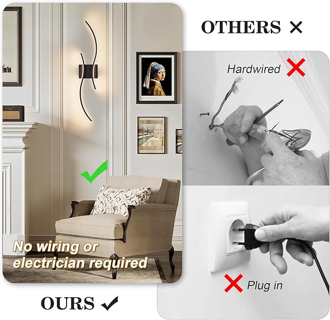 Battery Operated Wall Sconces Set of Two with Remote Control, Stepless Colors 3000K-6000K & Dimming, LED Black Wireless Wall Light for Living Room, Hallway, Bedroom, 27.5 Inch (2 Pack)