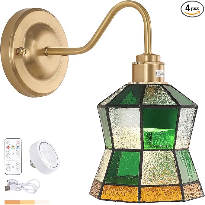 Vintage Battery Operated Wall Sconce with Remote, Rechargeable LED Wall Lamp 3 Colors Dimmable, Brass Wall Lights Fixture for Bedroom Bathroom Living Room Hallway Polygonal Checker