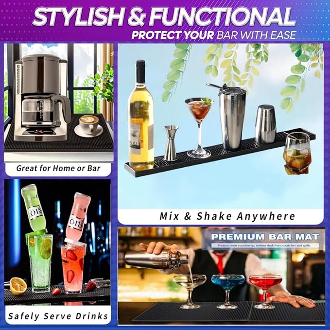 WANGCHAO Bar Mat Set - 8mm Thick Anti-Skid Non-Toxic Rubber Bar Mat for Home Bar, Countertop, Restaurants, Coffee Bar Mat - Premium Rubber Bar Service Spill Mat (3 pack) (24*3"+18*12"+12*6")