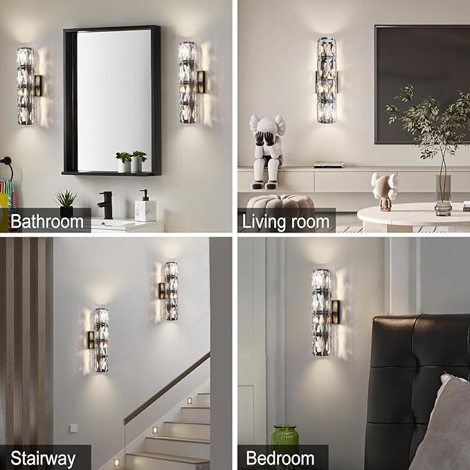 Crystal Wall Sconce Set of Two,Indoor Modern Sconces Wall Lighting,Black Wall Sconces for Bathroom,Bedroom,Living Room,Hallway