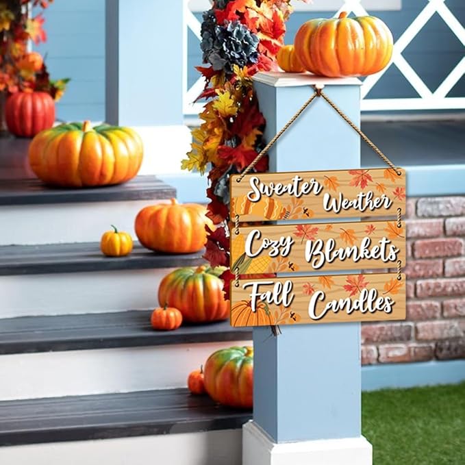 3 Pieces Fall Rustic Wooden Board Wall Decor Hanging Signs Decor, Thanksgiving Autumn Pumpkin Maple Leaves Wooden Plaque Farmhouse Wall Signs for Indoor Outdoor Porch Door Living Room. (010)