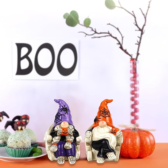 Halloween Gnomes Decorations 2 PCS Resin Skull Decor Skeleton Tabletop Figurines Indoor Holiday Collectible Statue for Women Men Kids