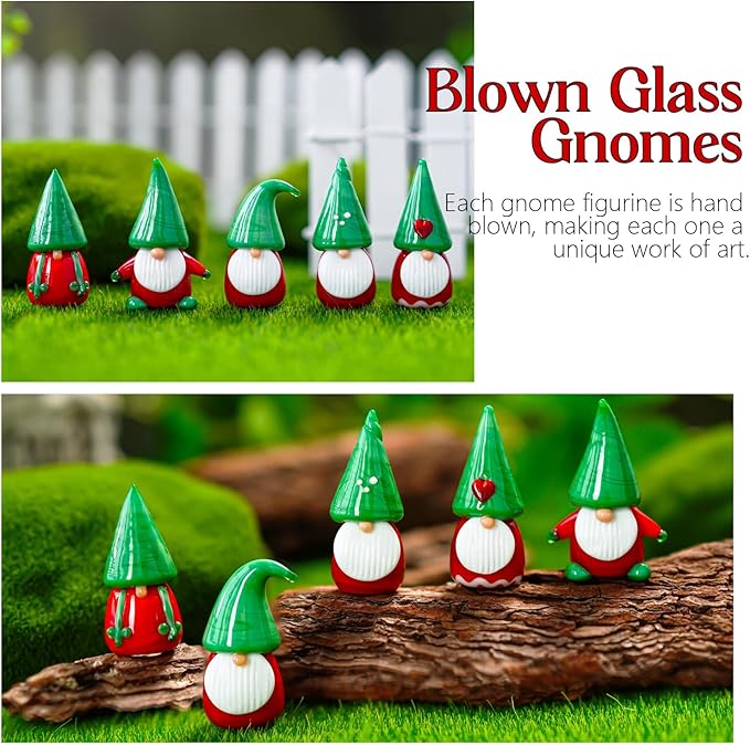 H&D HYALINE & DORA Gnomes Christmas Decorations Ornaments 5Pcs Mini Blown Glass Gnomes Figurines Handmade Glass Xmas Figurines for Tree, Santa and Gnome Party Supplies