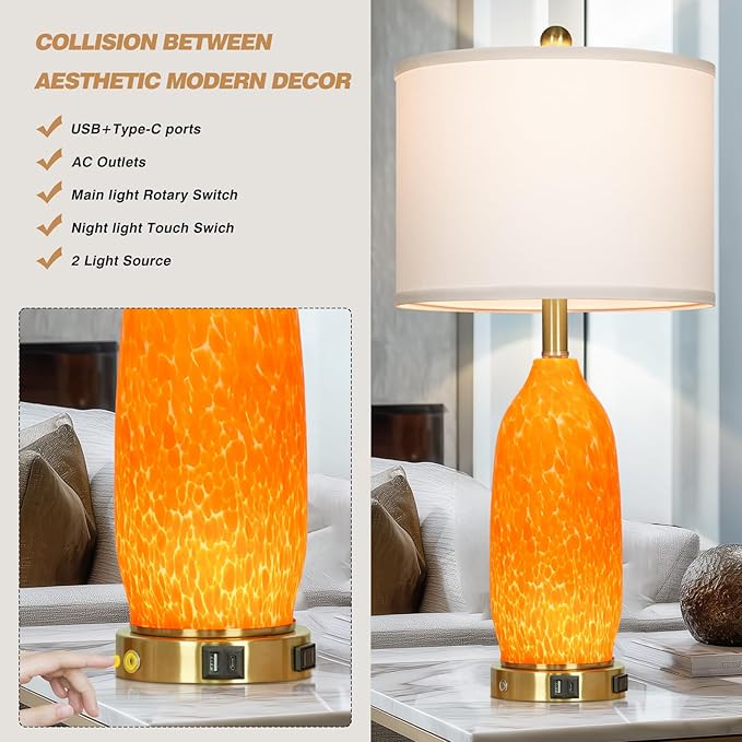 26" Modern Orange Glass Table Lamp Set of 2,Bedside Lamps with USB A+C Ports & AC Outlet, Nightstand Lamp with 3-Way Dimmable Touch Control Night Light for Bedroom Living Room(Bulbs Included)