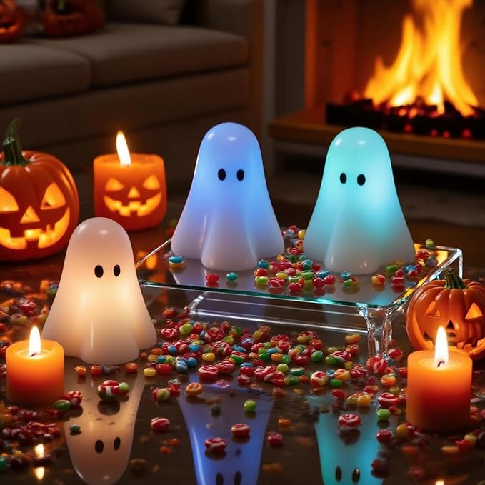 Wondise Halloween Flameless Candles Color Changing with Remote Timer, Real Wax Battery Operated Flickering Halloween Spooky Ghost Candles for Halloween Decoration Gift (D 3" x H 3.5")