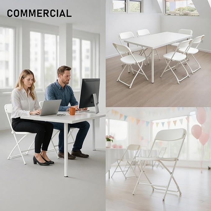 SEALAMB 6 Pack White Plastic Folding Chairs for Indoor Outdoor, Portable Commercial Seat with Steel Frame for Home Office Wedding Party Events, 350lb Capacity (White-Plastic, 6 Pack)