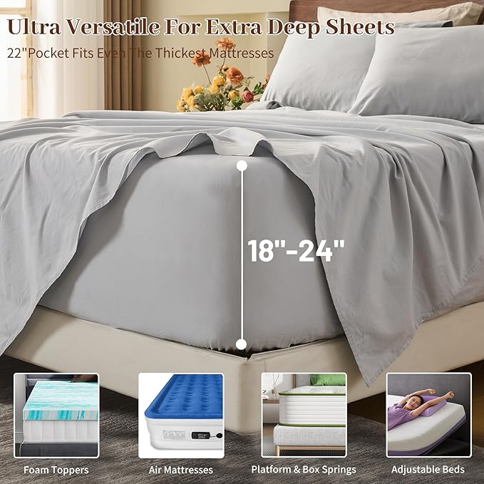 MEISHANG 100% French Pure Linen Sheets California King Size - Extra Deep Pocket Sheet Set, Soft Durable Flax Linen, Anti-Tear Breathable & Oeko-Tex Certified 18-24 Deep Pocket,All Season(Silver Grey)